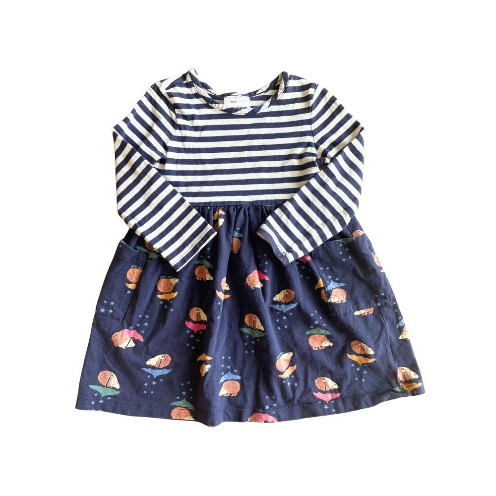 Hanna Andersson 100% Cotton Mixie Playdress, Navy Stripes Hedgehogs - Size 5